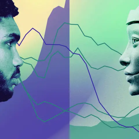 BBC A stylised image in blue and green tones showing a man with a beard and a humanoid robot facing each other, with chart lines running between them.