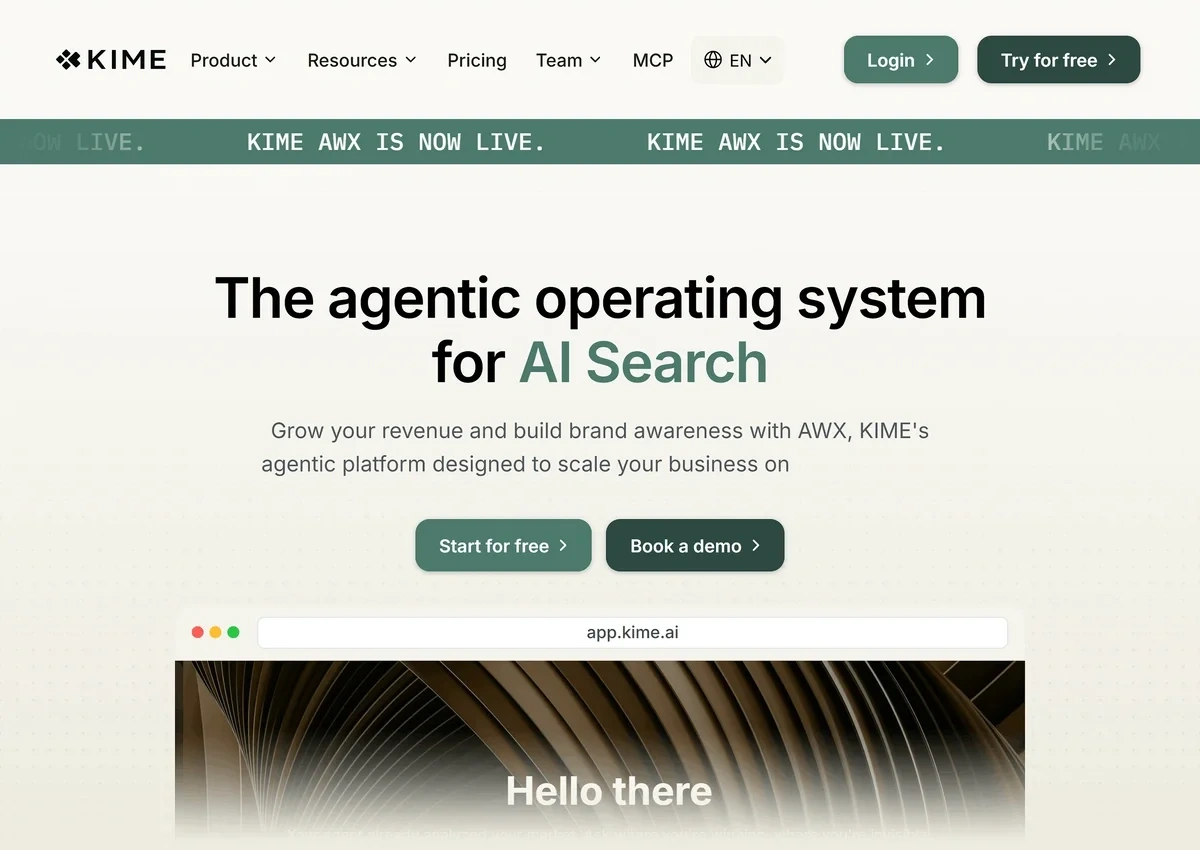 The Kime homepage says you can track, analyse, and improve your AI search presence with the tool.