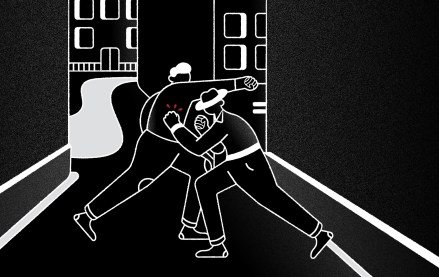 Illustration of two men fighting in an alleyway.