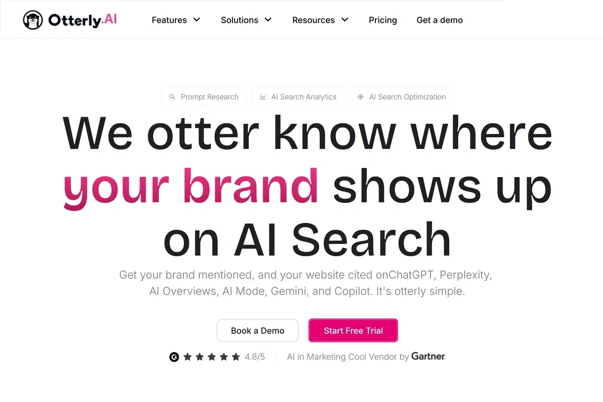 The pink and white Otterly homepage says "We otter know where your brand dhows up in AI search."