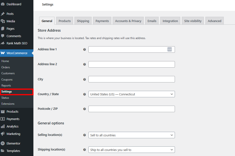 The WordPress dashboard showing the link to WooCommerce's settings