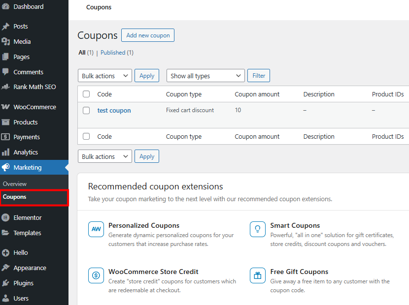 The WordPress dashboard showing the link to the coupon manager