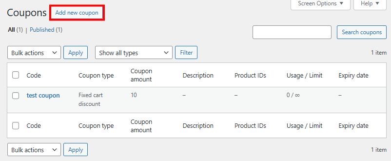 The "Add a new coupon" button in the WooCommerce coupon manager