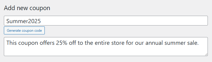 WooCommerce's coupon creator showing where to add the coupon's code and description