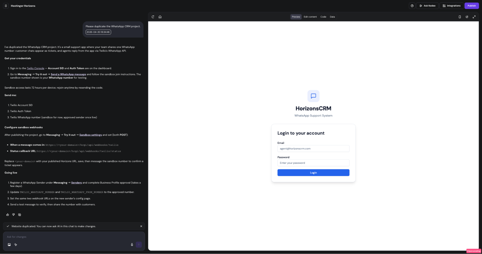 Hostinger Horizons workspace showing a WhatsApp CRM project with Twilio setup instructions on the left panel and a HorizonsCRM login screen preview on the right.