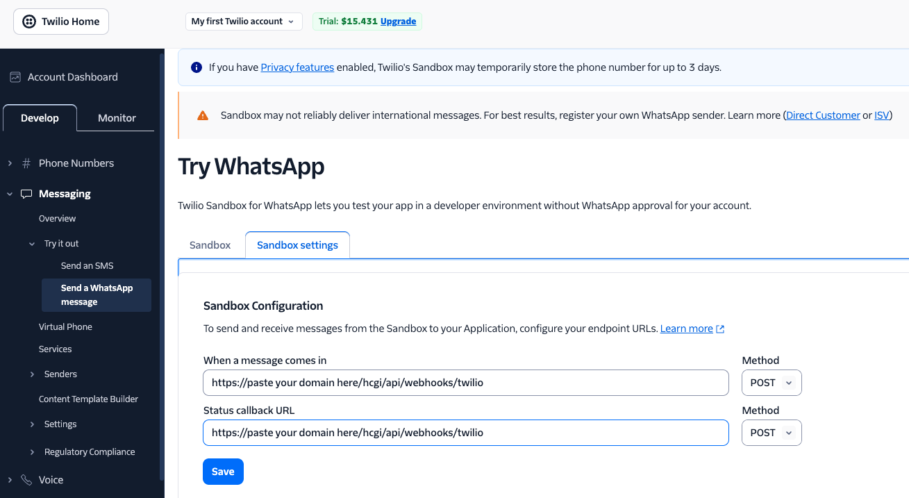 Twilio Console sandbox settings page showing webhook configuration fields for WhatsApp integration, with incoming message and status callback URLs set to POST method.