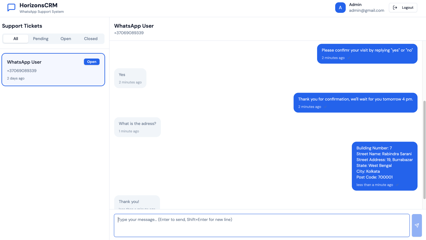 HorizonsCRM dashboard showing a live WhatsApp conversation with a customer, including ticket status filters on the left and a message thread with appointment confirmation and address details on the right.