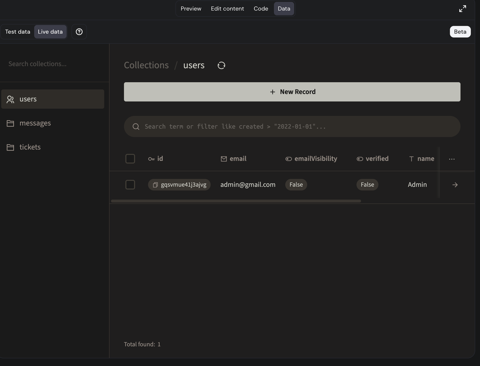 WhatsApp CRM dashboard showing the users collection with an admin record, alongside messages and tickets collections in the sidebar.