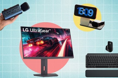 product photos of computer monitor, keyboard, charging stand and docking station against turquoise background