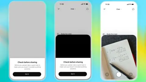 OpenAI Screenshots of ChatGPT, which show a popup saying "check before sharing", and another with an uploaded photo of some maths homework