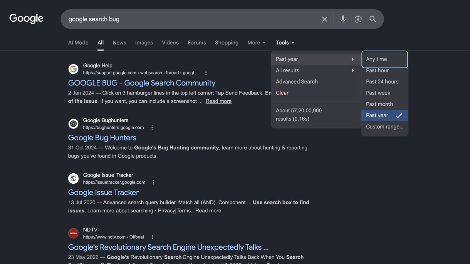 Google Search Time Filters Broken