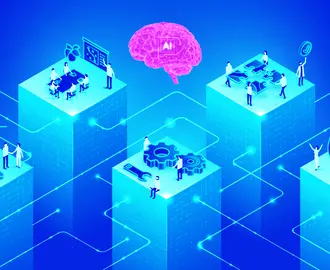 An AI brain symbol is shown on top of various aspects of an organization