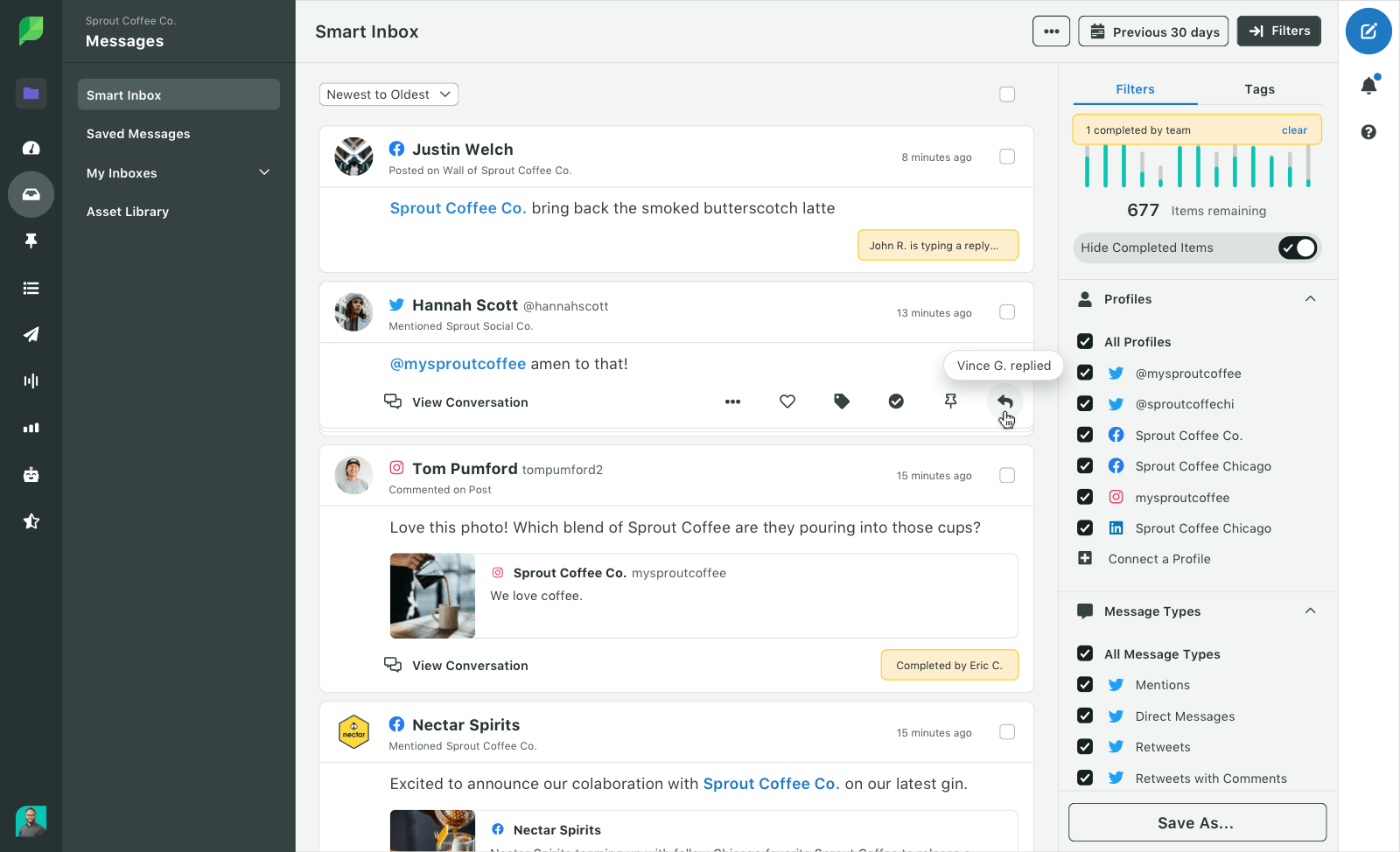 Sprout Social’s Smart Inbox feature shows social messages across profiles with filters and reply actions.