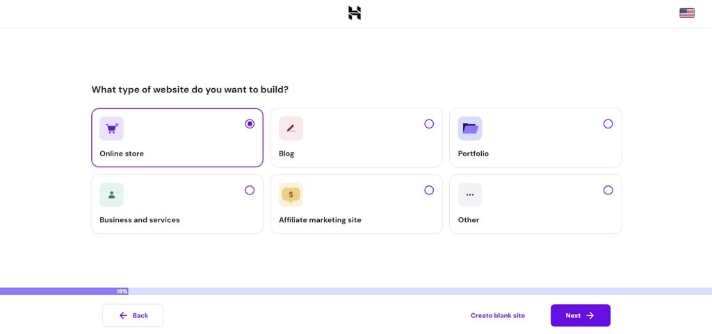 Hostinger's onboarding flow for creating a WordPress website