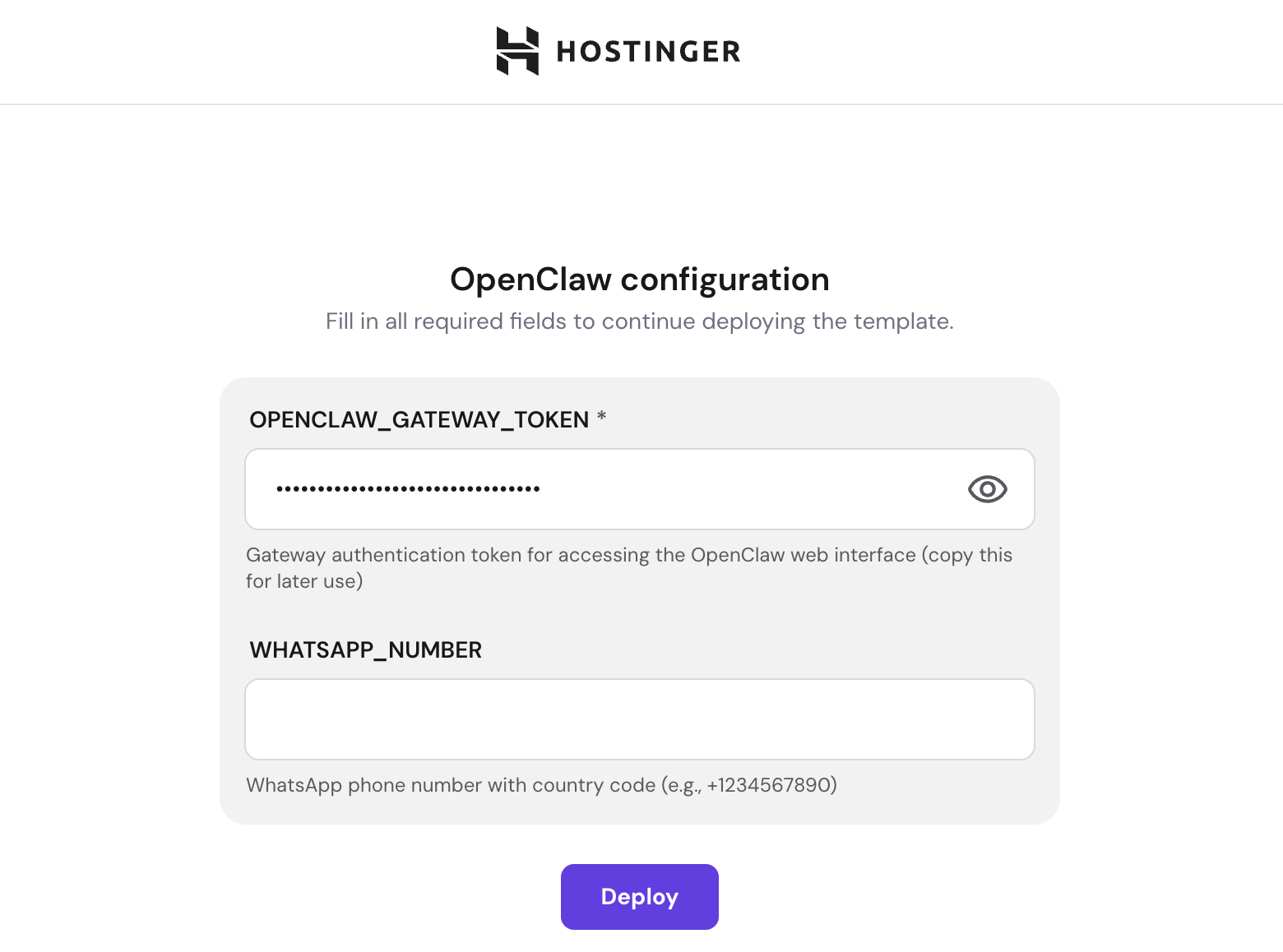 Hostinger VPS configuration page for OpenClaw