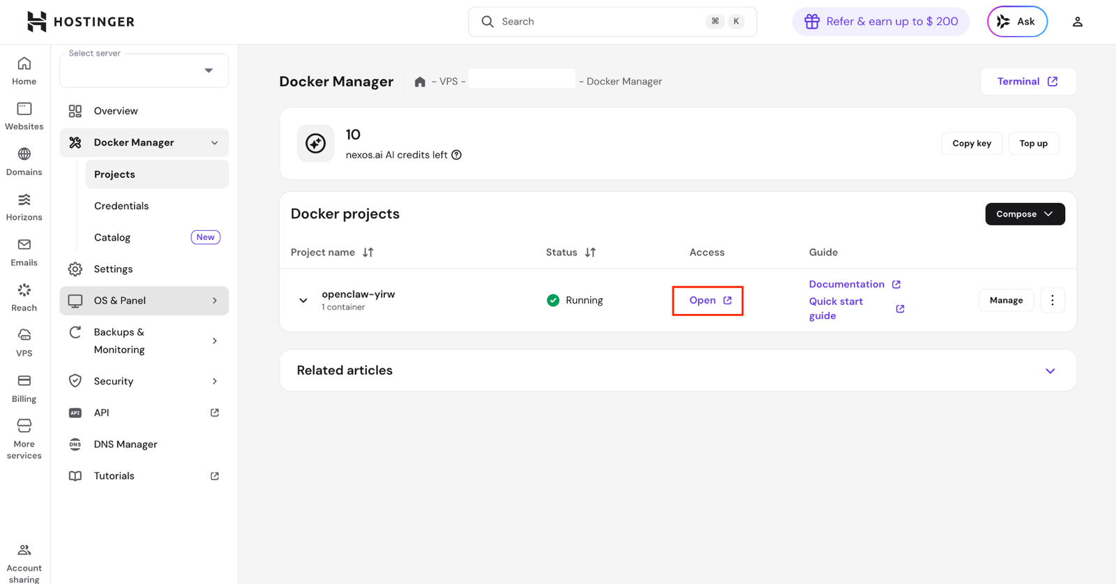 Hostinger's hPanel VPS dashboard