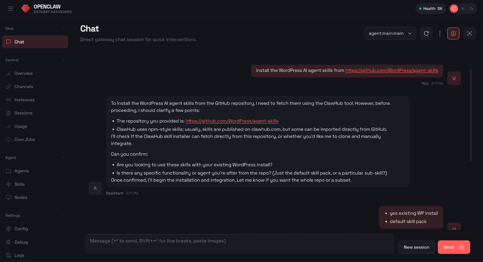 Chat panel within OpenClaw