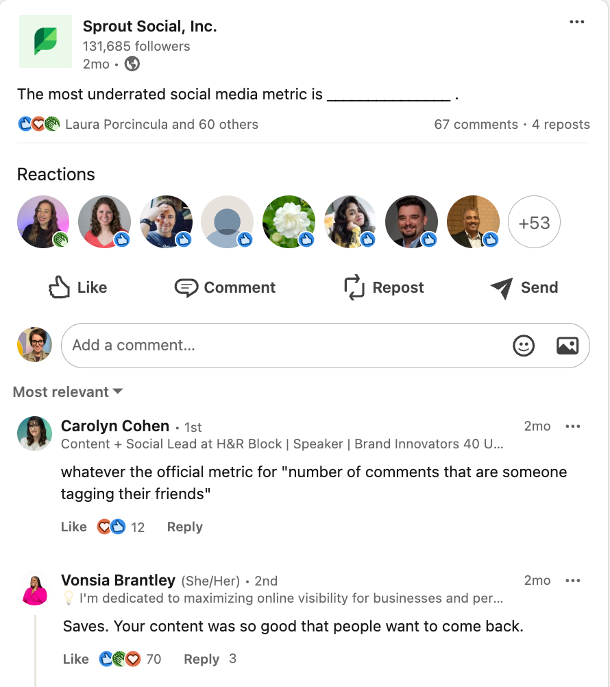 Sprout Social post on LinkedIn asking audiences to complete this sentence: "The most underrated social media metric is ____."