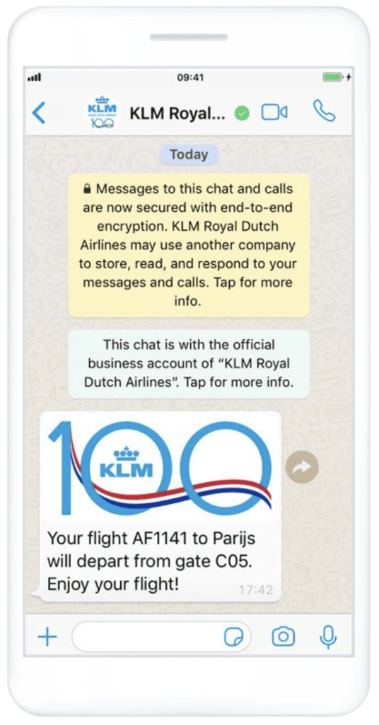Screenshot of a WhatsApp marketing message from KLM notifying a customer of their departure gate.