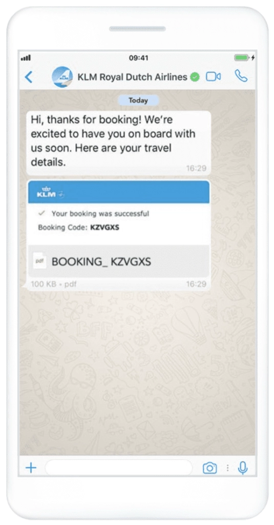 Screenshot of a WhatsApp marketing message from KLM providing a customer's booking reference.