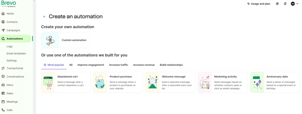 Brevo automations dashboard with buttons for making automations such as welcoming emails, birthday emails and more.