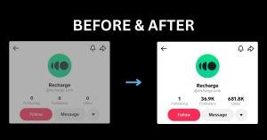 Side-by-side comparison of Recharge's TikTok profile, before with 0 following, 0 followers, and 0 likes, and after with 1 following, 36.9K followers, and 681.8K likes, showing growth from Young With Solutions' TikTok marketing strategy.