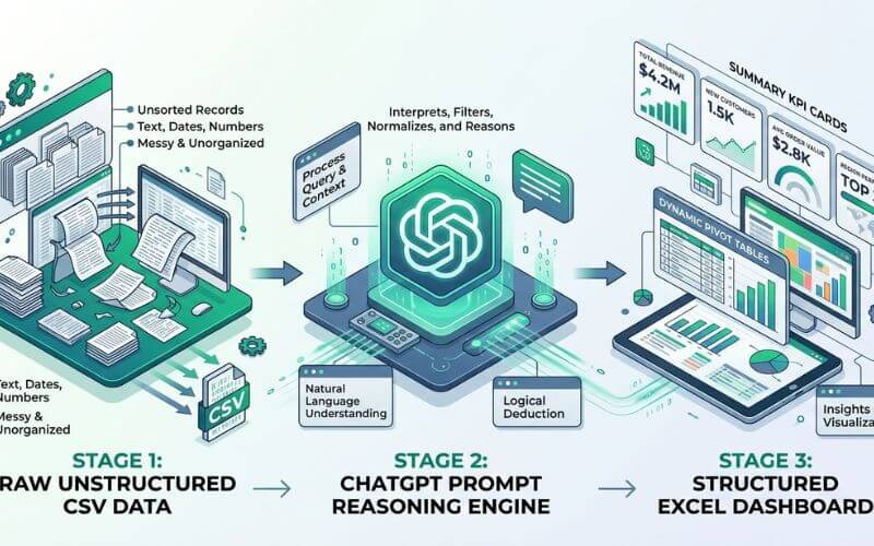  Excel Copilot tutorial data transformation flow from raw CSV to visual dashboard
