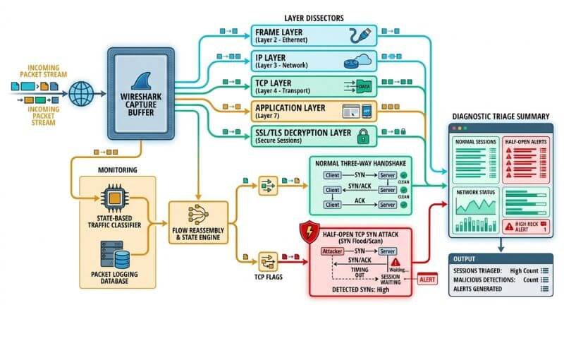 Packet analysis tutorial inspecting TCP flags and transmission sequences