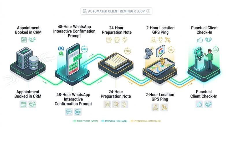 Automated booking system interactive WhatsApp confirmation and rescheduling workflow diagram.