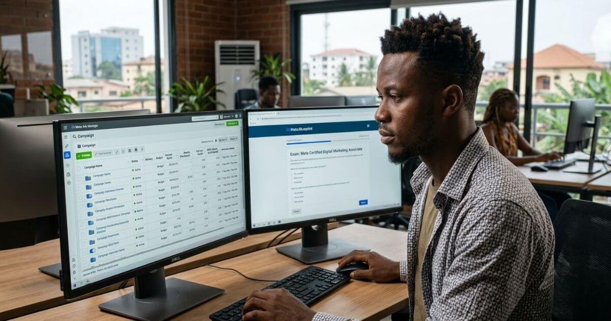 Meta Social Media Marketing Certificate exam dashboard at Justfine Academy Akpakpa