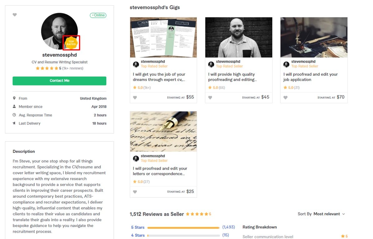 The Top-Rated Seller badge on a Fiverr seller's profile