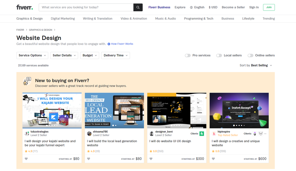 Fiverr's interface from the buyer's perspective