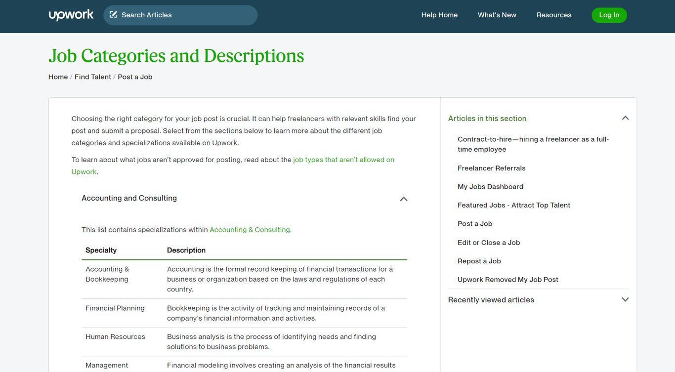 Upwork's job categories